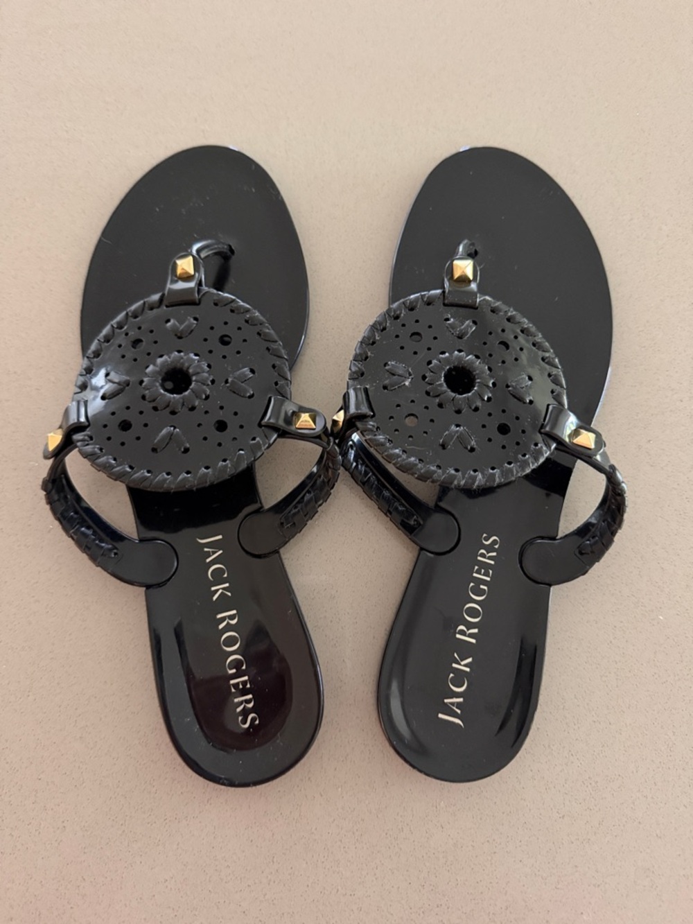 Jack Rogers Never Worn Black Patent Leather Sandals with Gold Studs